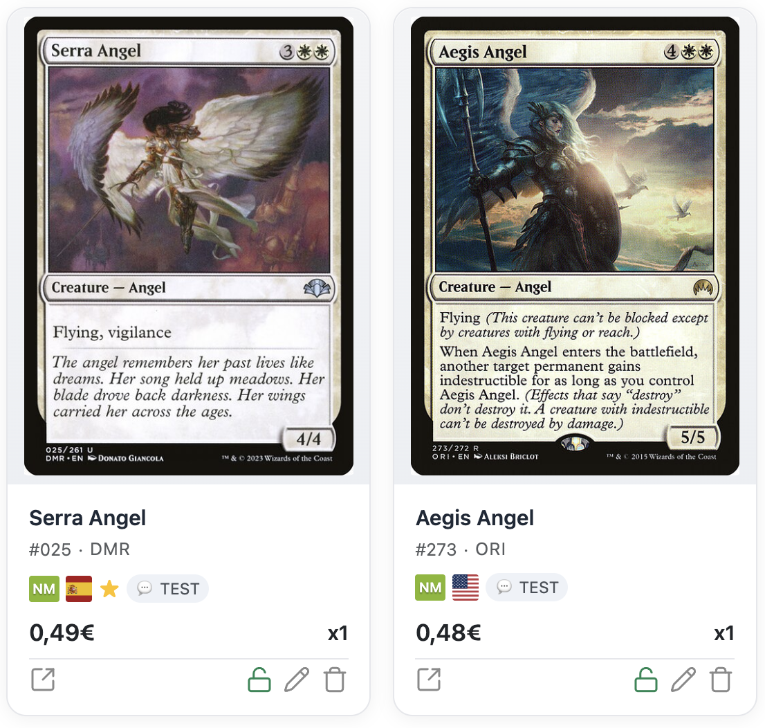 Vista real del inventario de TCG Real con cartas, estado, idioma, precio y acciones